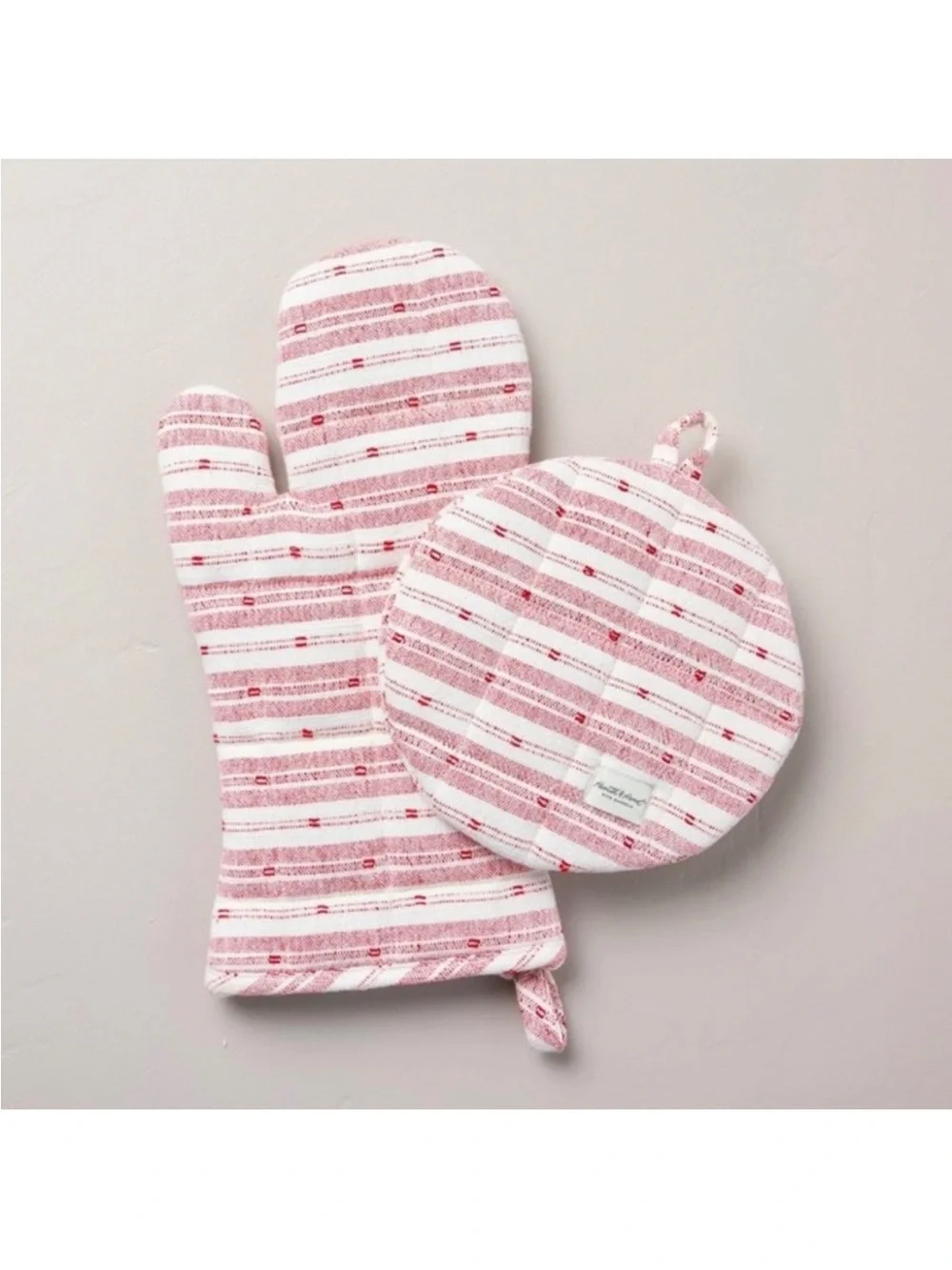 Hearth & Hand Magnolia 2pc Textured Stripe Oven Mitt & Potholder Set Red/Cream